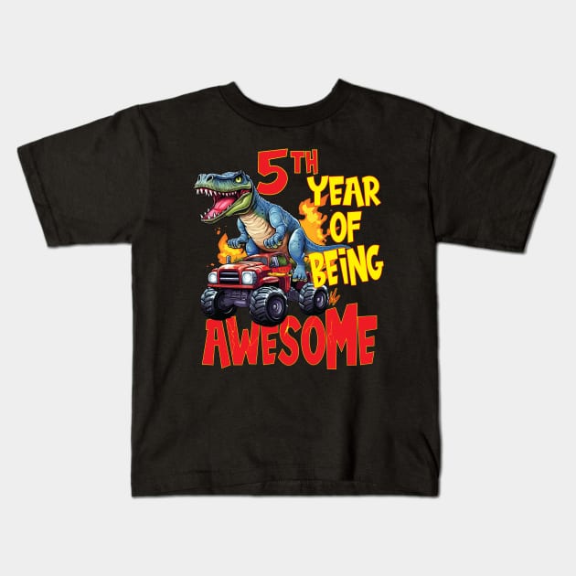 5th Year of Being Awesome 5yr Birthday Truck Dinosaur Boy Girl 5 Years Old Kids T-Shirt by Envision Styles